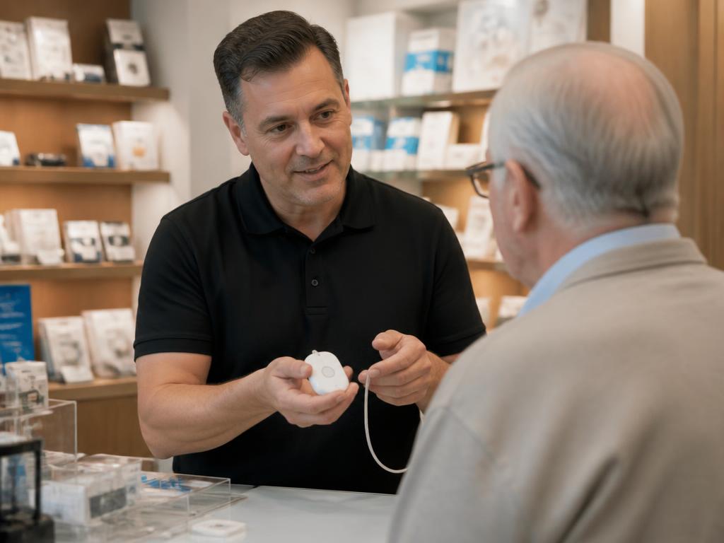 Shop-Mitarbeiter erklärt einem Kunden ein mobiles Notrufgerät