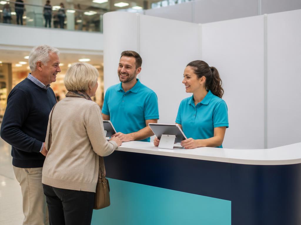 Moderner Informationsstand in einem Einkaufszentrum mit zwei Beratenden