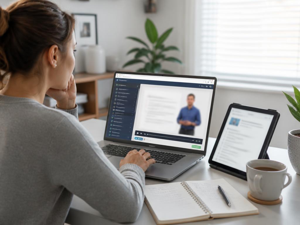 Person absolviert eine Online-Schulung an Laptop und Tablet