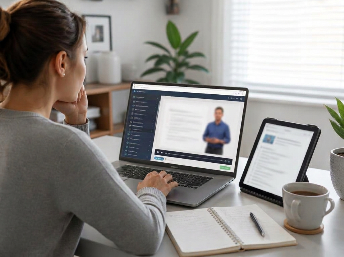 Person absolviert eine Online-Schulung an Laptop und Tablet