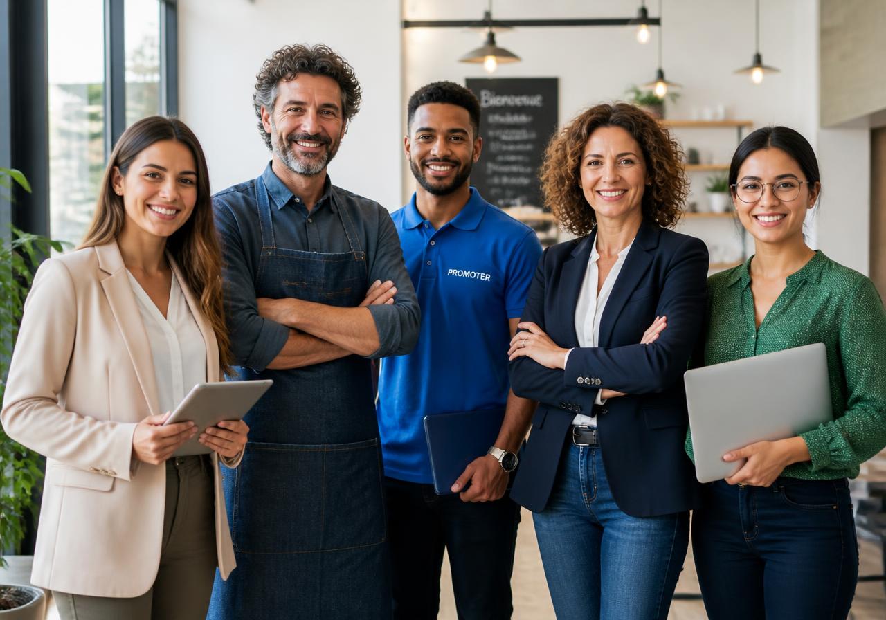 Außendienstmitarbeiterin, Shop-Inhaber, Promoter, Teamleiterin und Backoffice-Mitarbeiterin