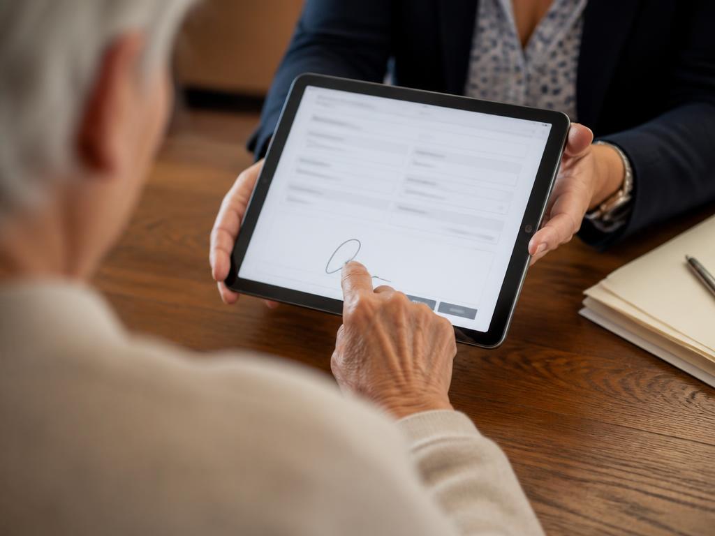 Ältere Person unterschreibt mit dem Finger auf einem iPad