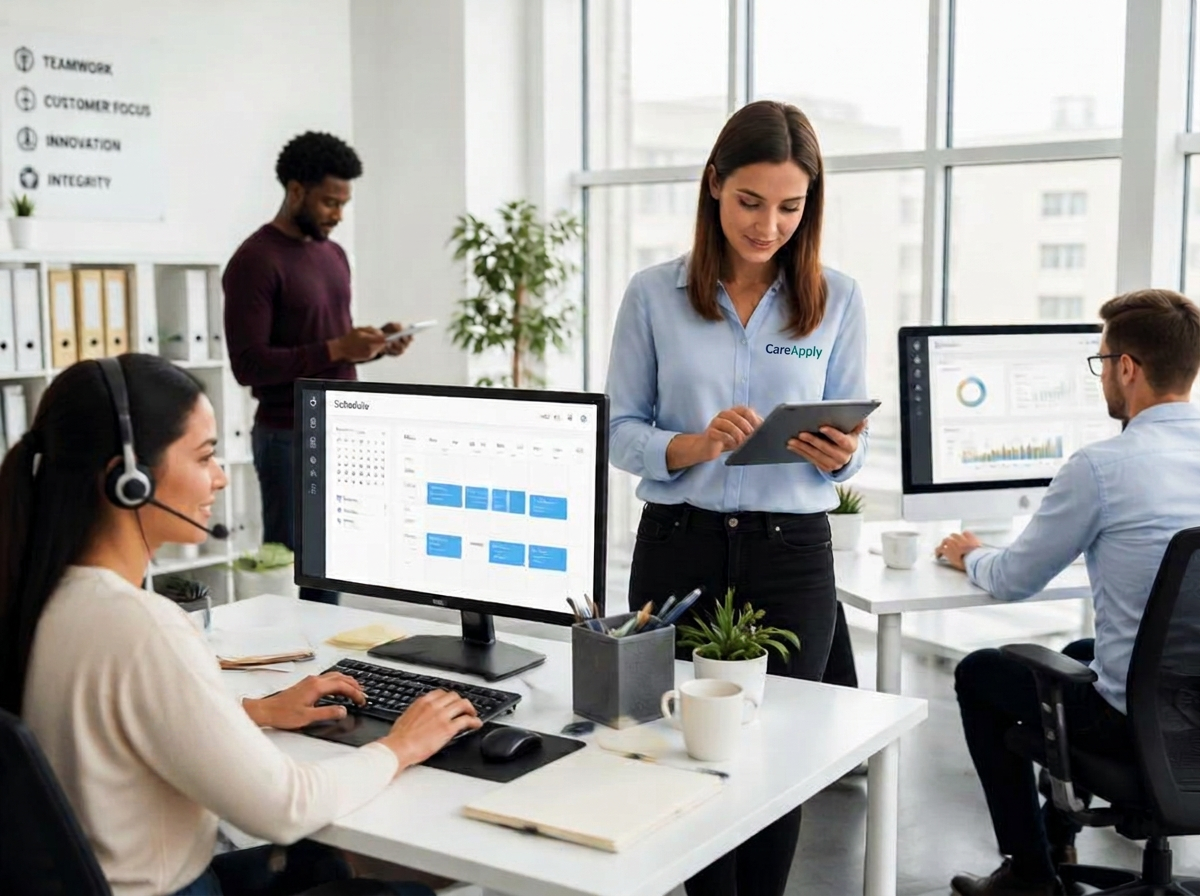 Team aus telefonischer Terminvereinbarung, Außendienst und Backoffice im Büro